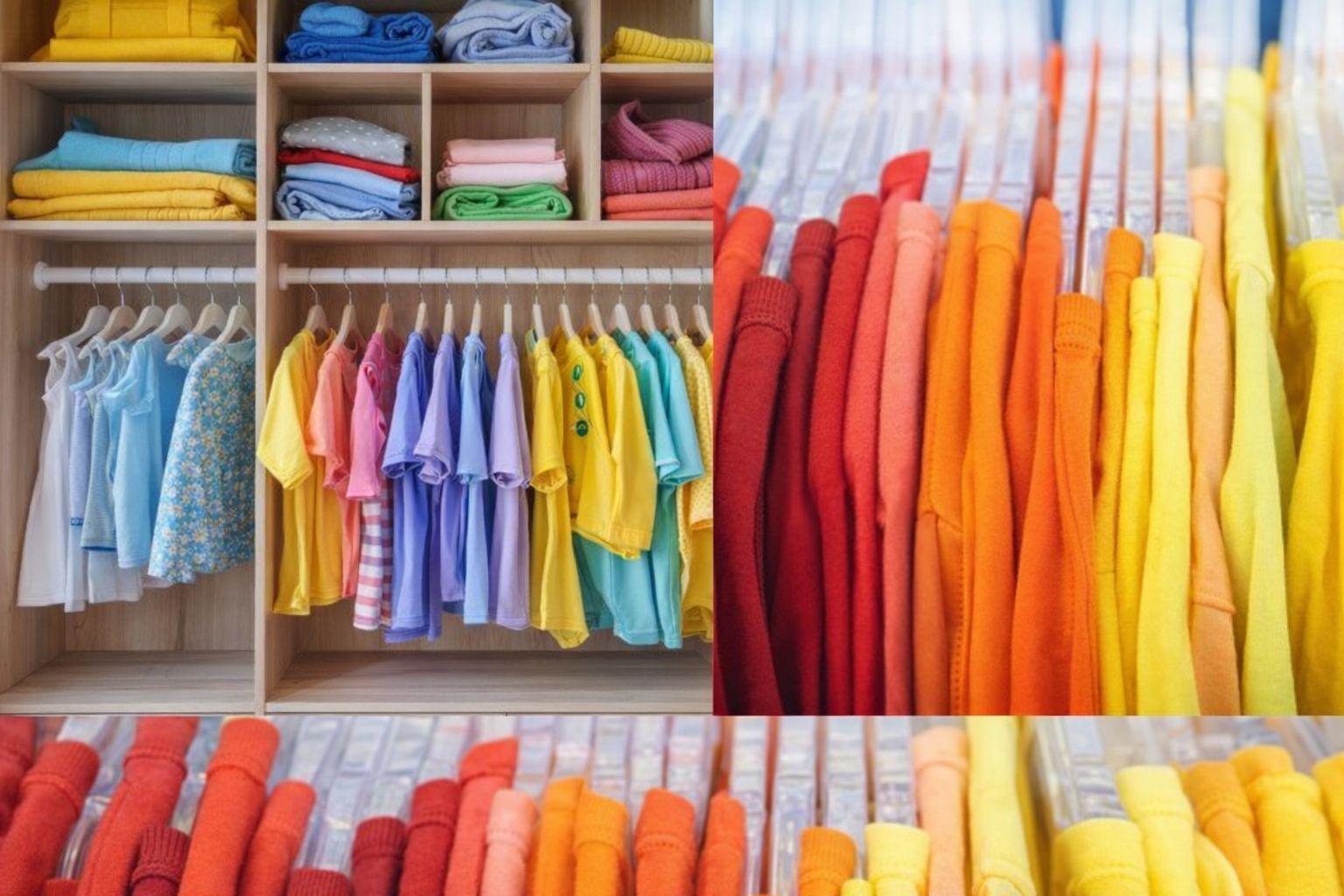 Armoire d'enfant organisée avec des vêtements colorés sur cintres et étagères.